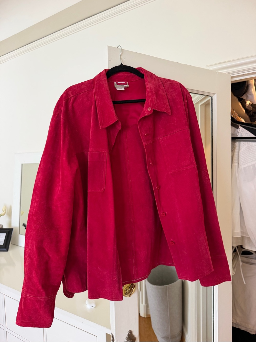 Women's Suede Button-Up Jacket - Red
